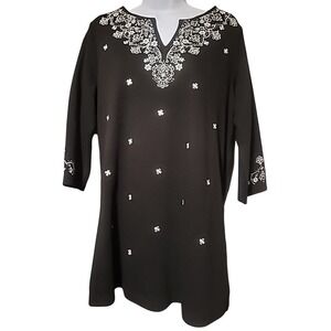 NWOT Quacker Factory 3/4 Sleeve Floral Embroidered Tunic‎ Top Black Size Med